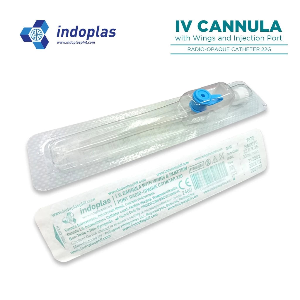 Indoplas 22G IV Cannula w/ wings & Injection Port - Box of 100