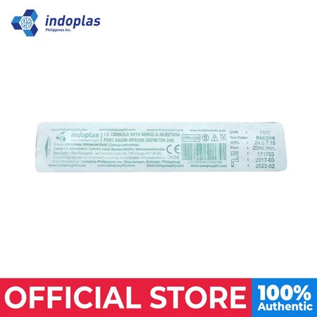 Indoplas 24G IV Cannula w/ wings & Injection Port - Box of 100