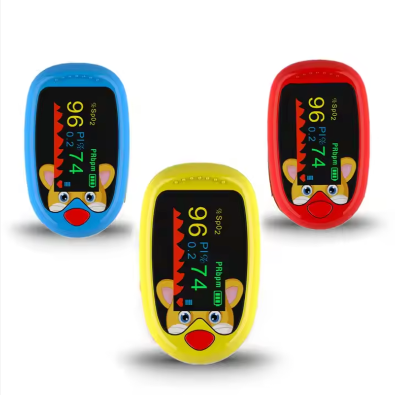 Compact and lightweight pulse oximeter for babies in Blue, Yellow, Red