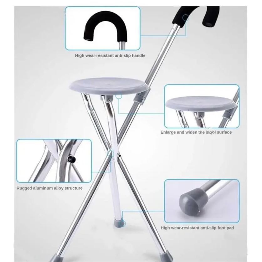 Close-up of sturdy tripod base and ergonomic handle of folding cane