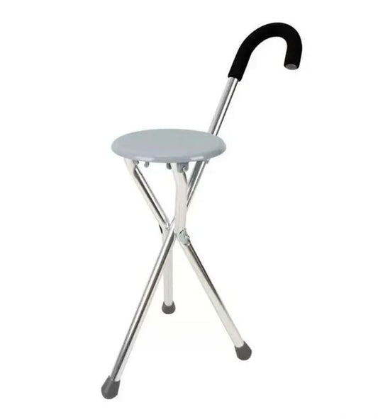Folding aluminum tripod cane with built-in seat for support and comfort