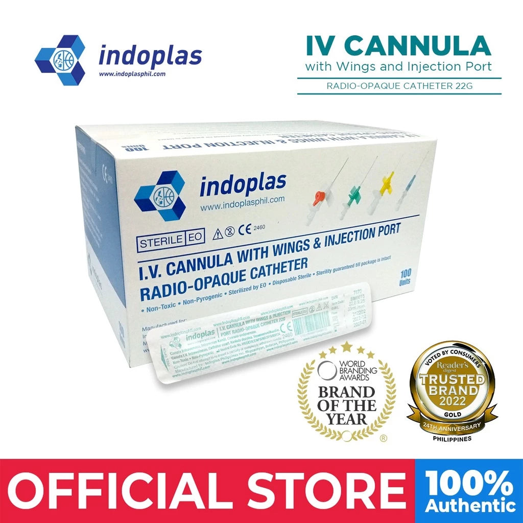 Indoplas 22G IV Cannula w/ wings & Injection Port - Box of 100
