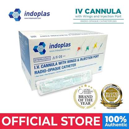 Indoplas 22G IV Cannula w/ wings & Injection Port - Box of 100