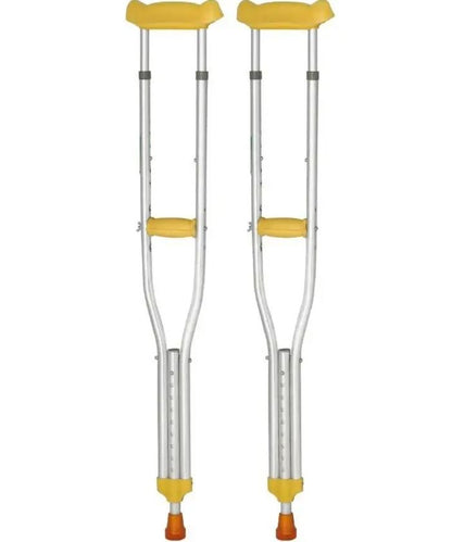 Close-up of height adjustment mechanism on aluminum crutches