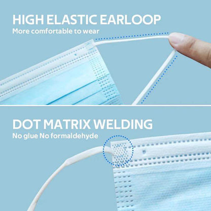 Close-up of a blue disposable 3-ply face mask with ear loops