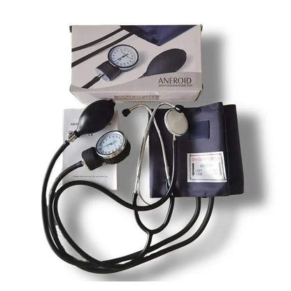 Close-up of a blood pressure cuff and stethoscope set