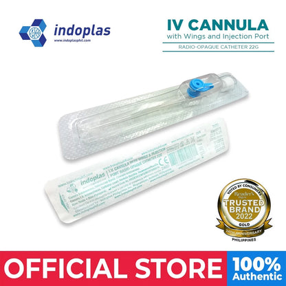 Indoplas 22G IV Cannula w/ wings & Injection Port - Box of 100