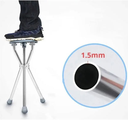 Folding aluminum tripod cane with built-in seat for support and comfort