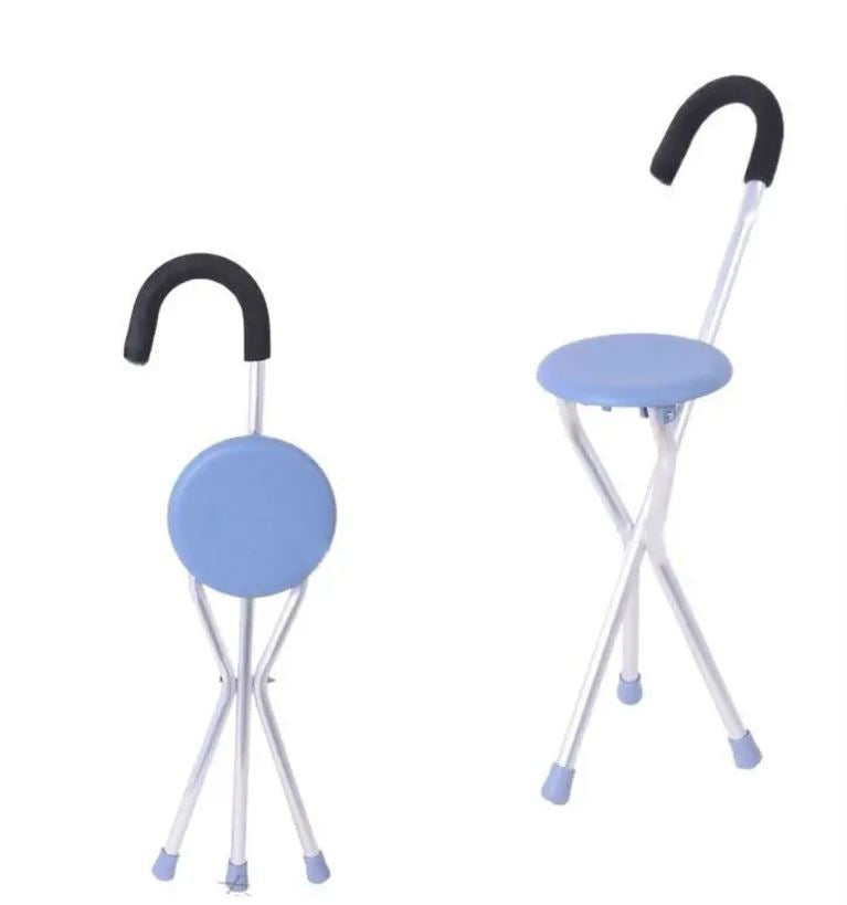 Folding aluminum tripod cane with built-in seat for support and comfort