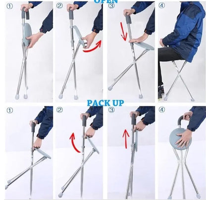 Portable aluminum cane with seat, designed for easy carrying and storage