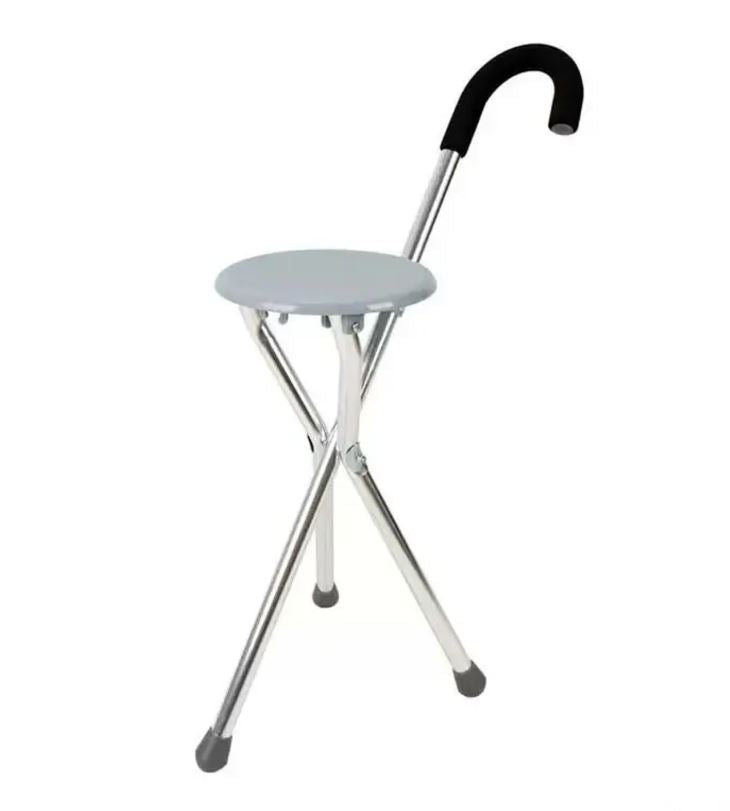Folding aluminum tripod cane with built-in seat for support and comfort